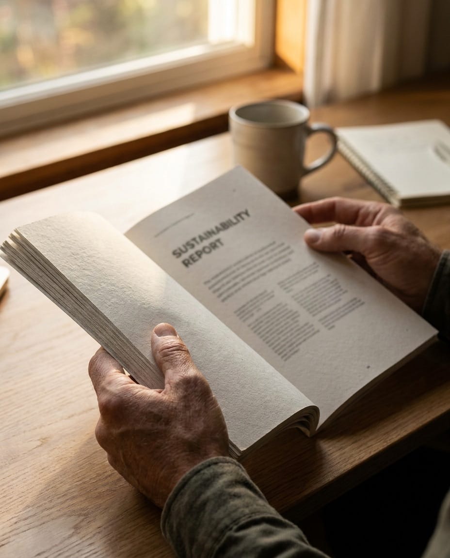 Hands pausing over a printed sustainability report