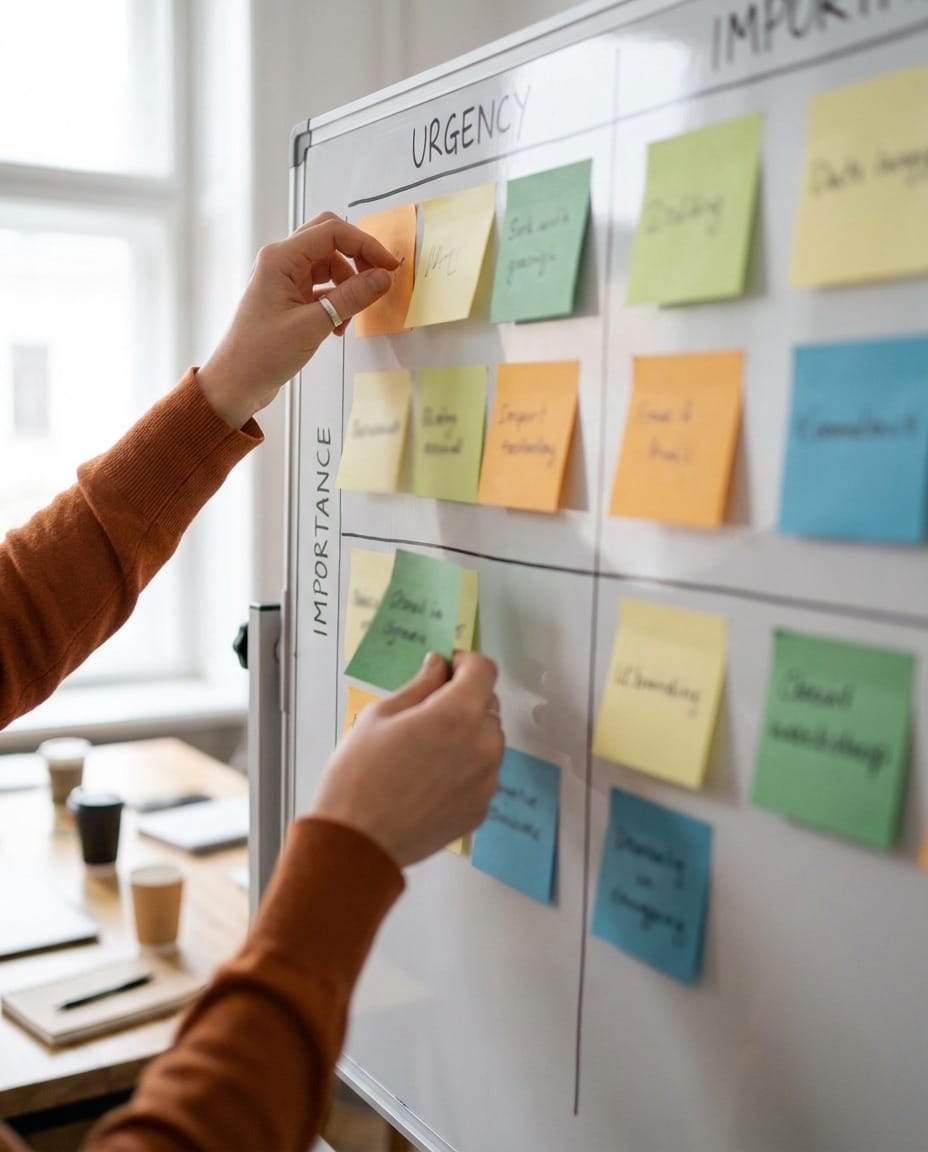 Hands sorting sticky-note topics into a priority matrix