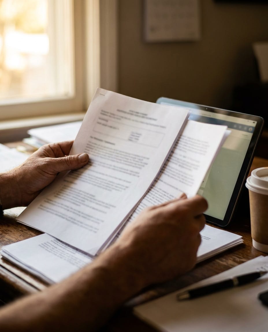 Comparing supplier documents and a tablet at a desk