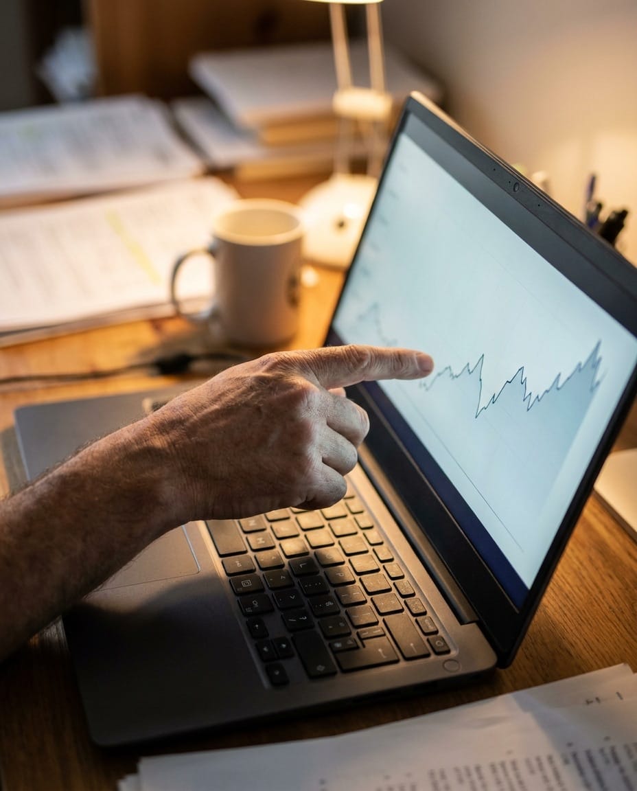 Reviewing an emissions line chart on a laptop