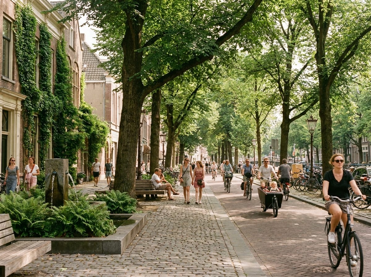 Groene Nederlandse straat met bomen en fietsers
