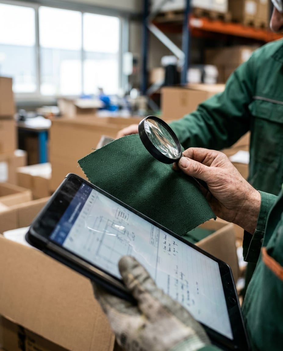 Inkoper en leverancier bekijken samen materialen in een magazijn