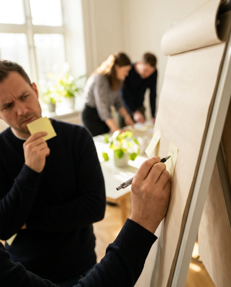Team in gesprek rond een whiteboard met notities