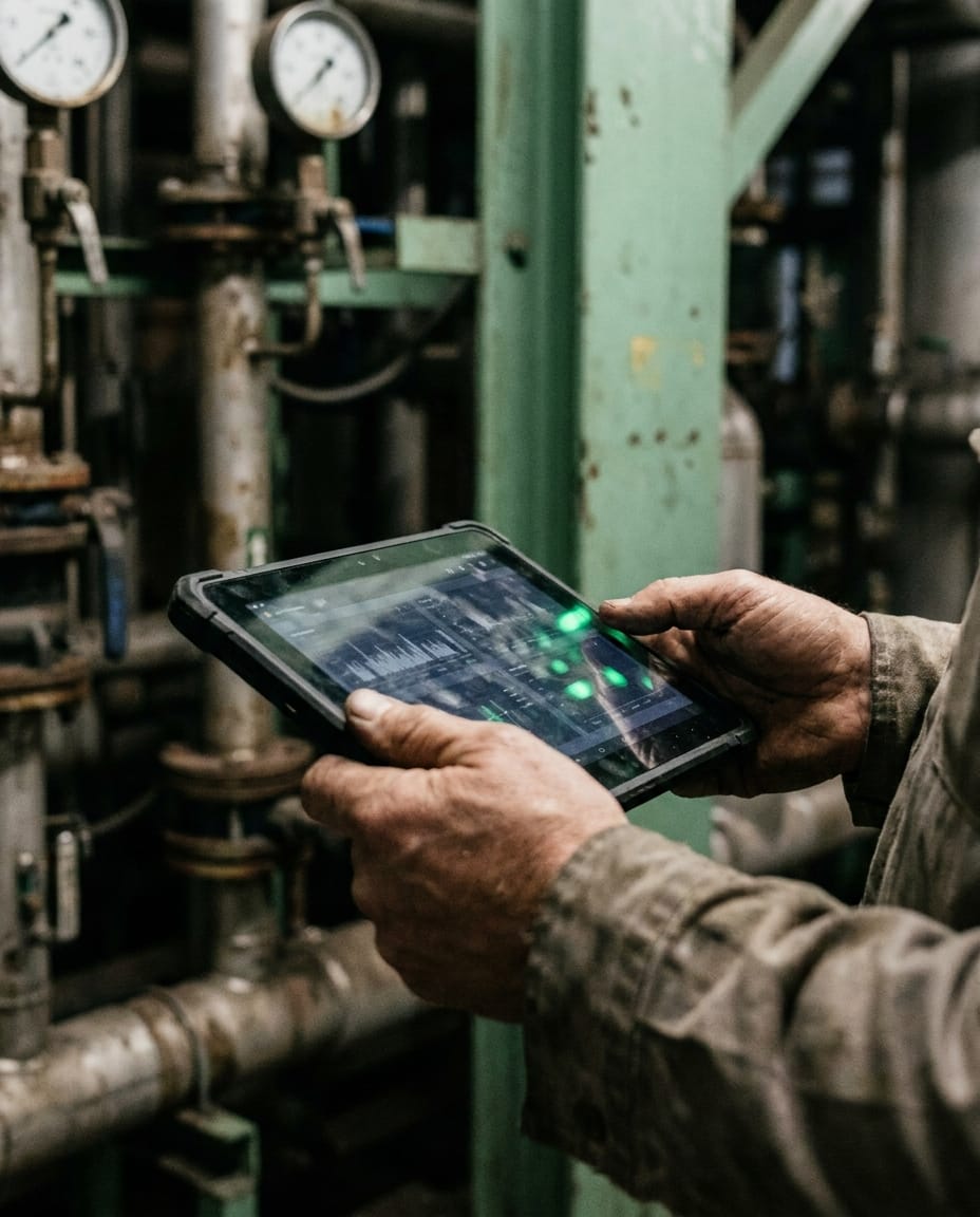 Technicus controleert meetwaarden bij een installatie