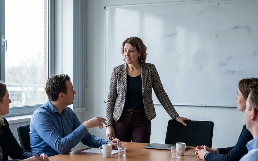 Vijf collega's aan een vergadertafel, één van hen staat en licht een plan toe