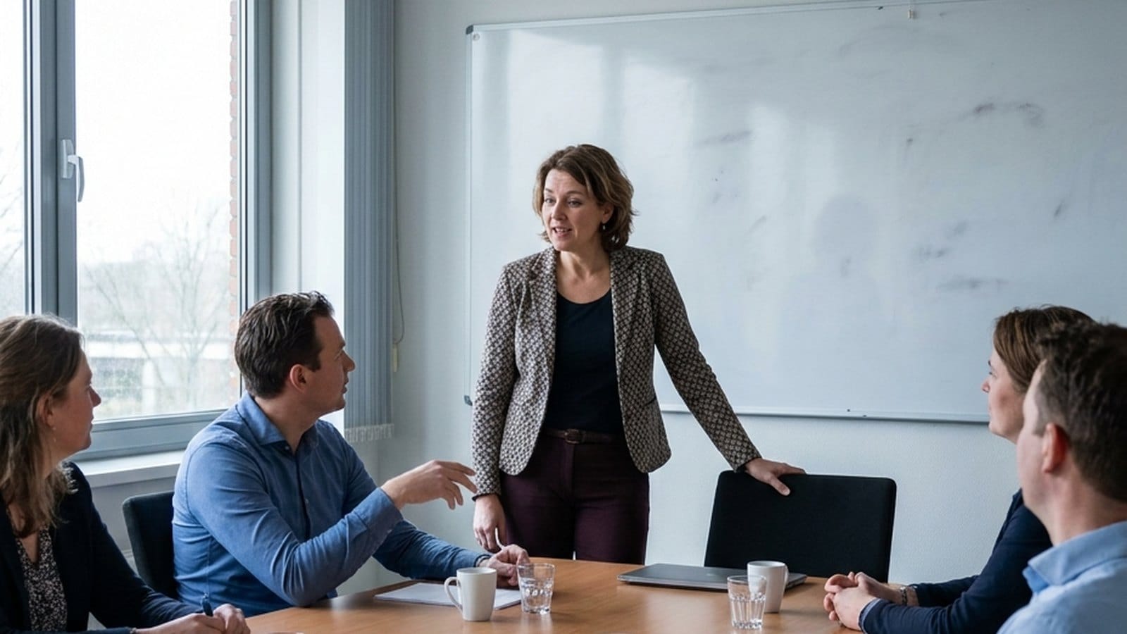 Teamleider leidt een werksessie met collega