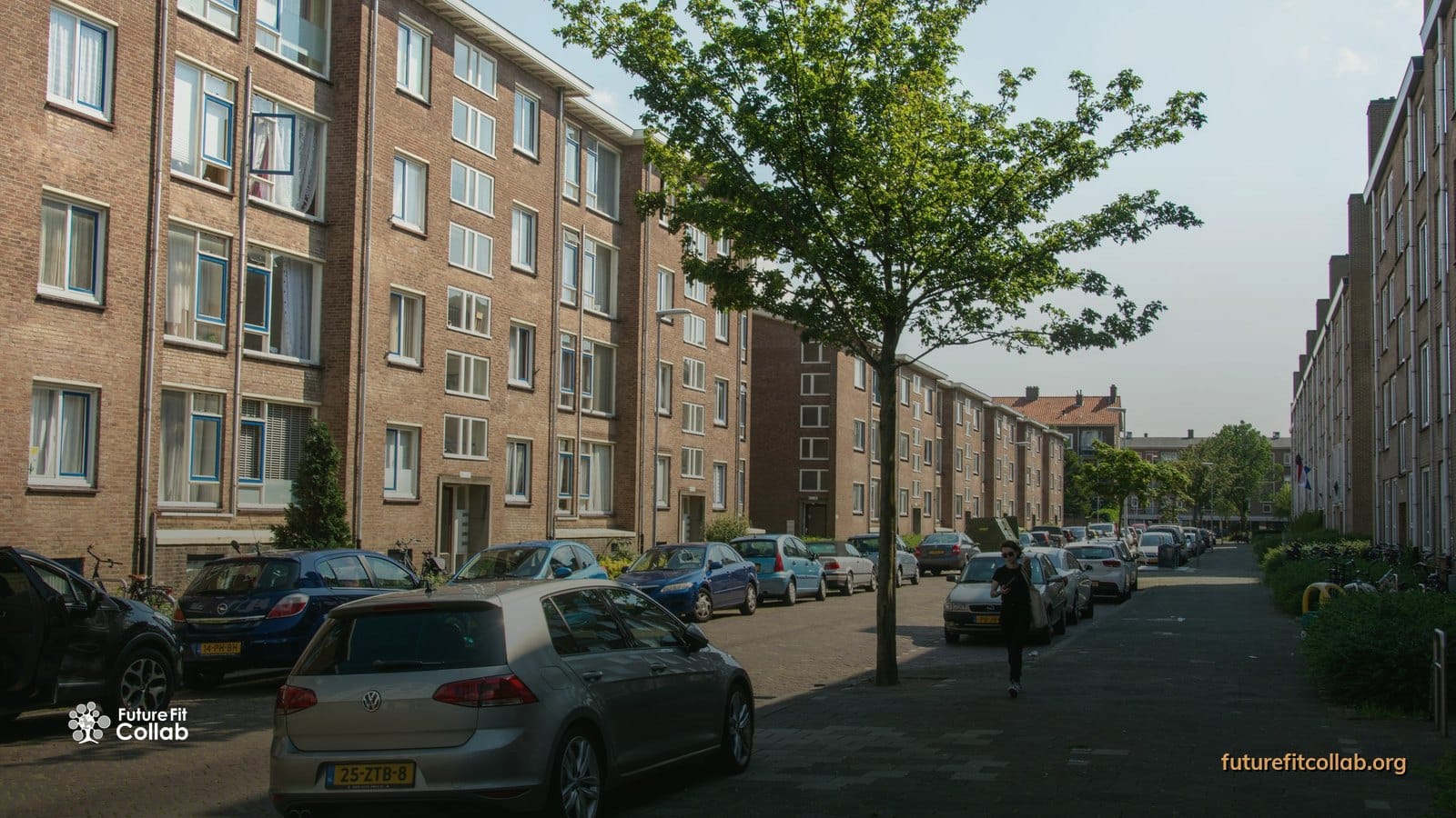 Nederlandse woonstraat met portiekflats en jonge bomen