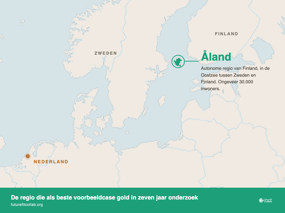 Kaart van Noord-Europa met Åland gemarkeerd in de Oostzee tussen Zweden en Finland, en Nederland aangegeven ter oriëntatie