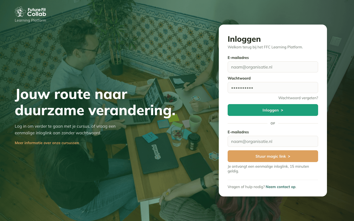 Het FutureFit Collab Learning Platform met de tekst Jouw route naar duurzame verandering