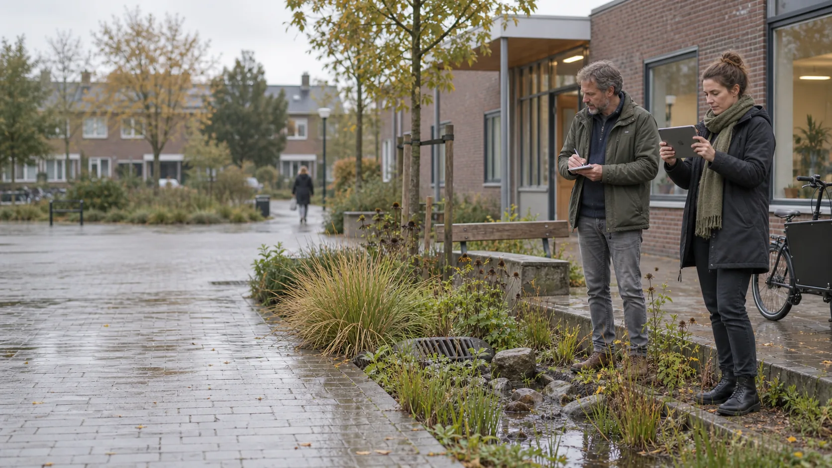 Twee gemeentelijke professionals documenteren een lokale regentuin