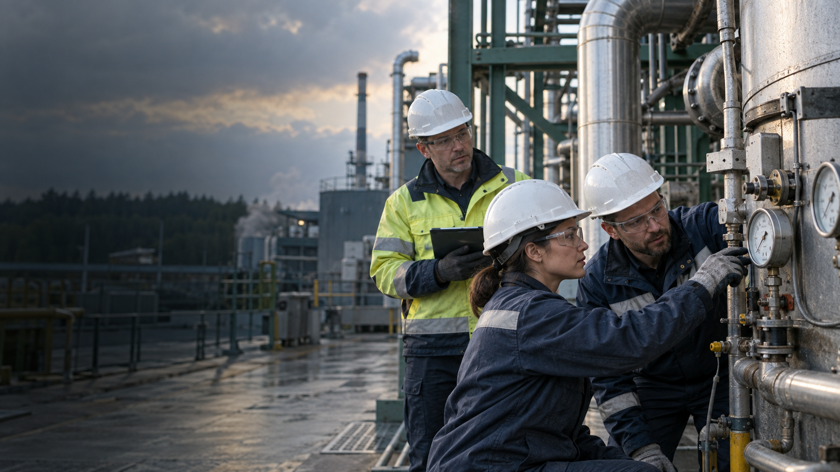 Technische professionals controleren een industrieel proces