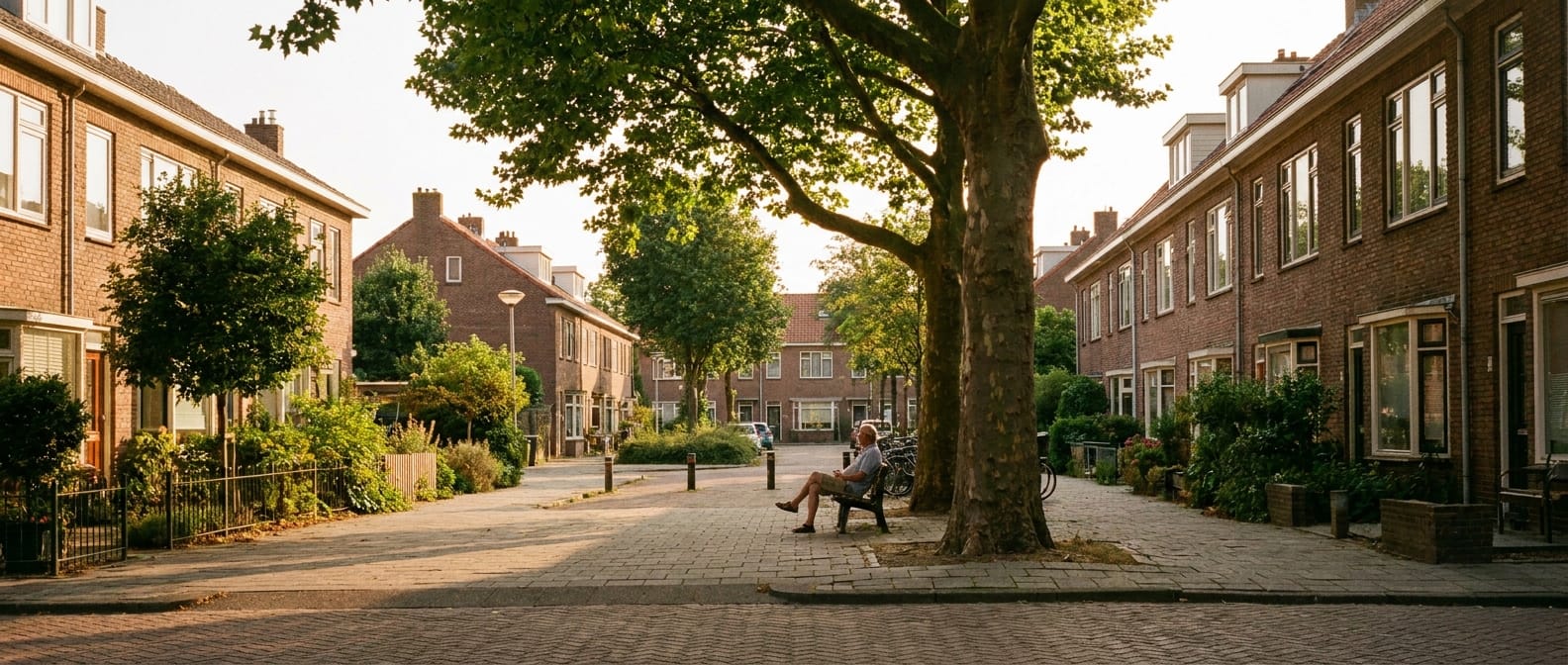 Groene woonstraat met volwassen bomen en schaduw