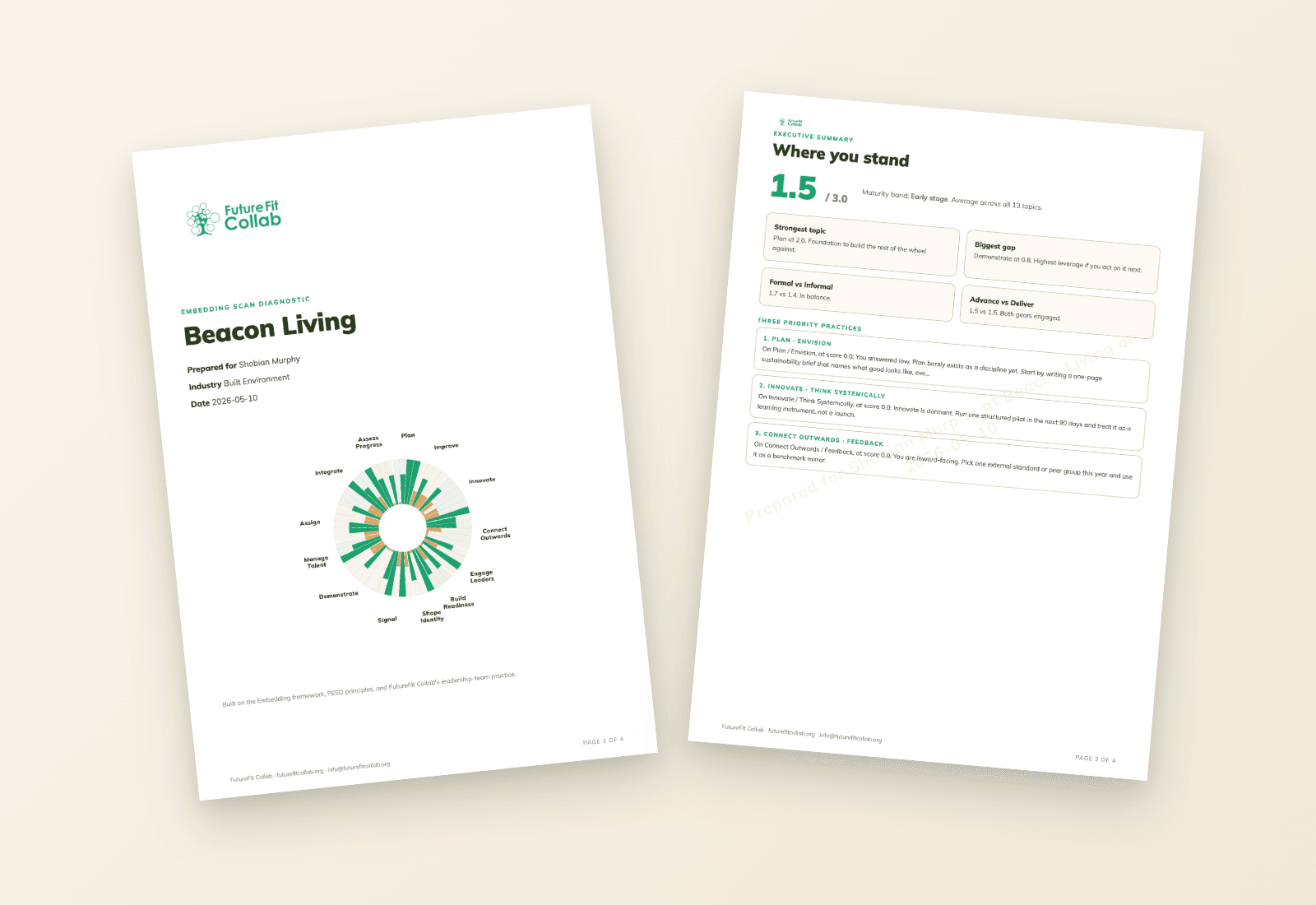 Vierpagina-rapport van de Embedding Scan met thema-scorebord