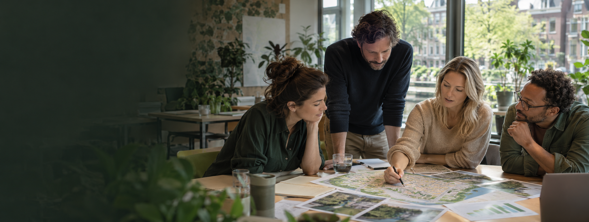 Collega’s werken samen aan duurzaamheidscommunicatie.